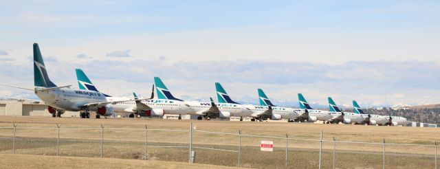 — — - Westjet Fleet parked at YYC on May 1, 2020.