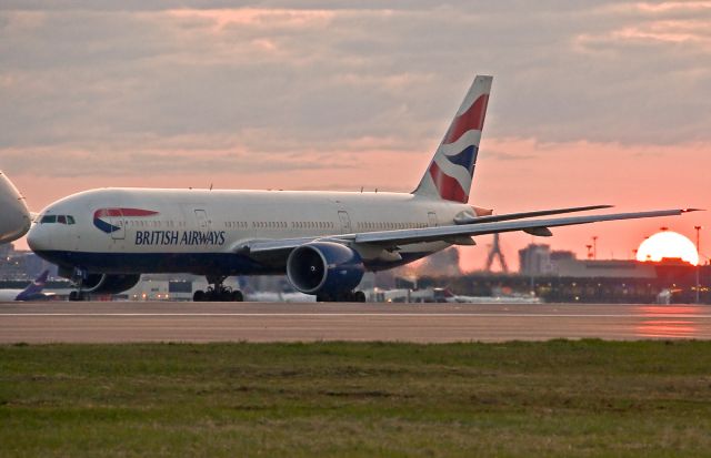 Boeing 777-200 (G-ZZZB) - Sunset Speedbird @ KBOS Logan Airport Boston,Ma