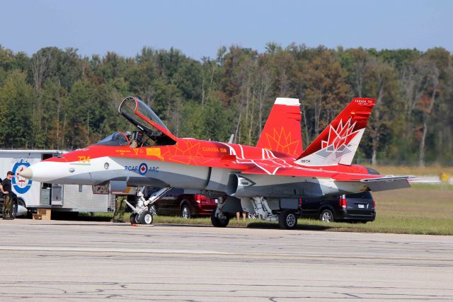 McDonnell Douglas FA-18 Hornet (18-8734) - A sharp looking Royal Canadian Air Force (RCAF) custom-painted red and white CF-18 (188734, c/n 249) from 4 Wing, CFB Cold Lake, just before Friday afternoon practice on 22 Sept 2017. Canadian Forces Base Cold Lake (CYOD) is located in Alberta, CA. Photo taken at AirShow London 2017, London International Airport, Ontario, CA (CYXU) on 22 Sept 2017.