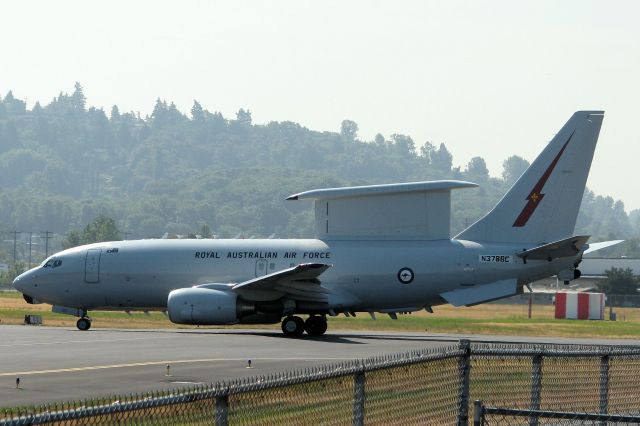 Boeing Wedgetail (N378BC) - Taxiing across Bravo taxiway to its takeoff position on runway 31L at Boeing Field / King County International, this AEW&C 737 Wedgetail is slated to be delivered to the RAAF within the next few weeks.