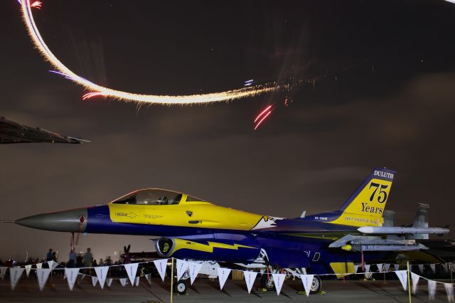 Lockheed F-16 Fighting Falcon (91-0405) - A Minnesota ANG F-16 showing off its new paint in Boeing Plaza during the start of Wednesday evening air/firework-show at AirVenture 2023. br /br /This 1991 General Dynamics F-16CM (Block 50) is operated by the USAF ACC’s 148th Fighter Wing.br /br /7/26/23