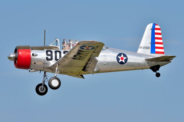 N57486 — - 1942 Build Consolidate Vultee BT-13A training aircraft on final for runway 19 at Greenwood Airport Open house on 08-28-21.