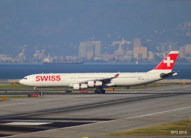 Airbus A340-300 (HB-JMK) - KSFO - Swiss Miss A340 landing 28L March 2015.