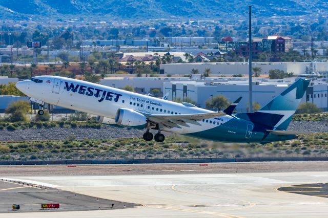 Boeing 737 MAX 8 (C-GAMQ) - A WestJet 737 MAX 8 taking off from PHX on 2/11/23 during the Super Bowl rush. Taken with a Canon R7 and Canon EF 100-400 II L lens.