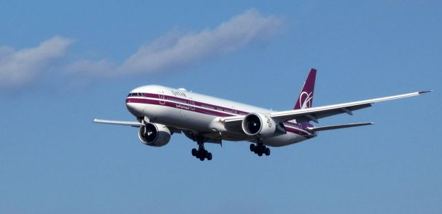 BOEING 777-300ER (A7-BAC) - About to touch down is this 2008 Qatar Airways Boeing 777-3DZ(ER) sporting the 25th Anniversary "Retro Livery" in the Autumn of 2023.