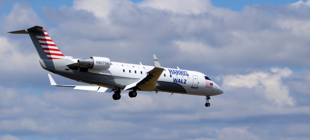 Canadair Regional Jet CRJ-200 (N907SA) - This 2004 Tristate Charter Mitsubishi Canadair Regional Jet 200ER is about to touch down in the Autumn of 2024.