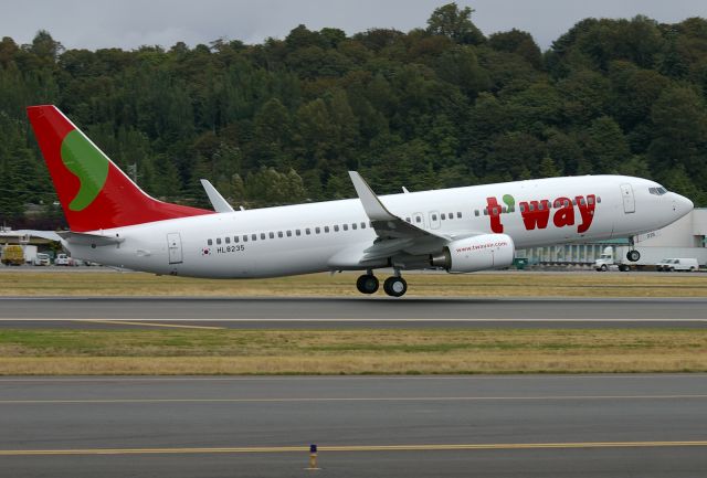 Boeing 737-800 (HL8235) - Brand new 737-800 for TWay Air, a new Korean low cost carrier, departs BFI on its delivery flight.