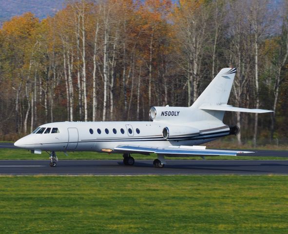 Dassault Falcon 50 (N500LY) - One of Lyon Aviation's four Falcon fleet lands at Pittsfield on a beautiful fall afternoon. 10-24-21  