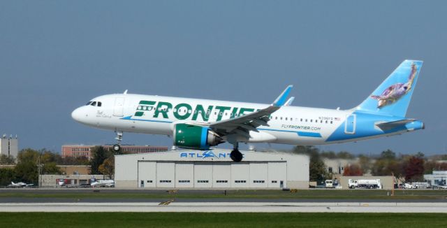 Airbus A320neo (N396FR) - About to touch down is this 2022 Frontier Airlines Airbus 320-251N with "Ted" the Sea Turtle on the tail section in the Autumn of 2023.