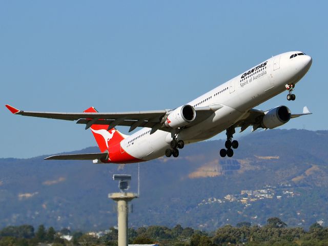 Airbus A330-300 (VH-QPI) - Getting airborne off runway 23, for flight to Singapore. Thursday 12th April 2012.