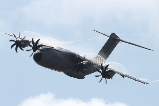 — — - The A400M Atlas, performs a low level high speed flypast at PAS 2013.