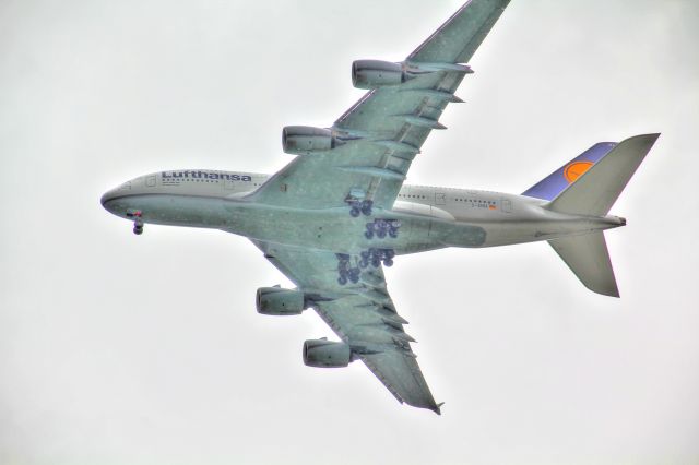 Airbus A380-800 (D-AIMA) - Approach to MCO. Looking from my front yard. Very overcast day.