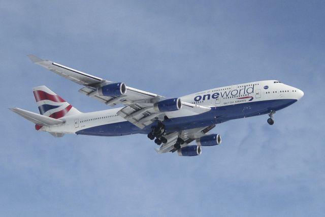 Boeing 747-400 (G-CIVI) - A spectacular catch of British Airways 213 arriving at about 2:20 on a cold February day.