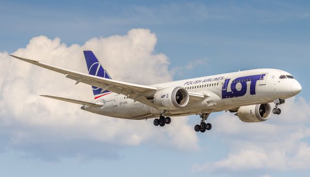 Boeing 787-8 (SP-LRA) - LOT41 arrives from Warsaw, the first of two daily LOT flights during the summer