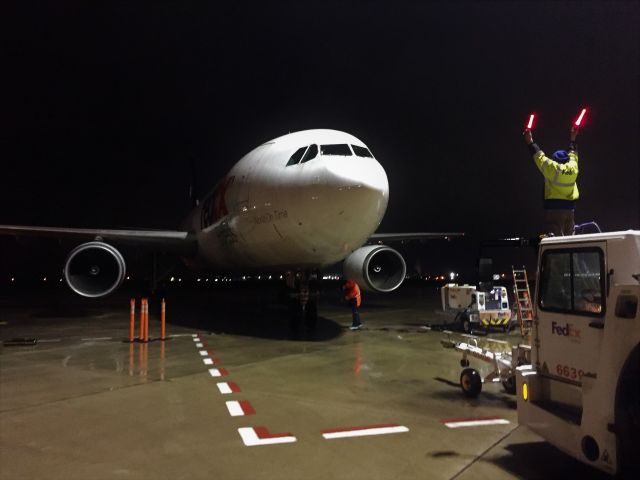 Airbus A300F4-600 (N688FE) - FDX "Kaitlin" eases in to her position at gate 1 Appleton after the 1 hour flight from Fargo ND. 