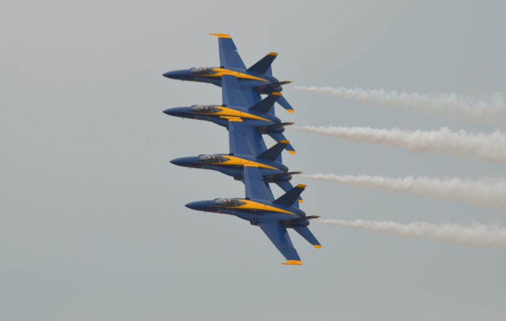 McDonnell Douglas FA-18 Hornet — - US Navy Blue Angels 4-plane element preforming a tight 4 plane left turn at Power on the Prairie Airshow in Sioux Falls SD - 7-21-2012