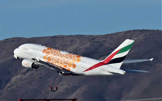 Airbus A380-800 (A6-EOE) - KSFO - UAE226 climbing off 28L for Dubai 9/20/2019. This is the 1st time I had seen this paint scheme - The 1st time I saw an A380 approach SFO over the peninsula, at 1st glance it looked like a 747SP ( looking from below head on )