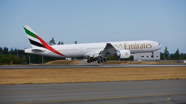 BOEING 777-300 (A6-EQF) - BOE676 on short final to Rwy 34L to complete a C1 flight on 8.25.17. (ln 1515 / cn 42351).