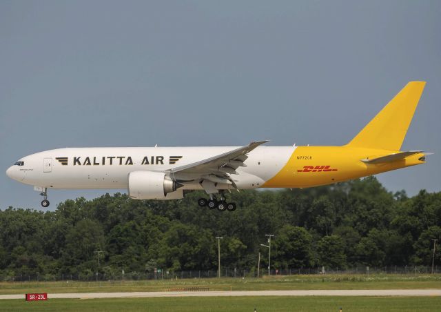 Boeing 777-200 (N772CK) - Kalitta 9777 landing 23L at Willow Run with its brand new(used) 777F. Running Proving runs between Oscoda and Ypsilanti for the past two days. br /br /7/25/2019 