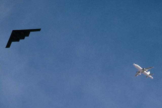 Boeing 737-200 (73-1155) - NT-43A Radar Test Bed, 73-1155 making radar images of a Northrop-Grumman B-2 Spirit at an altitude of about 7,000 feet over Death Valley on January 24, 2003. 