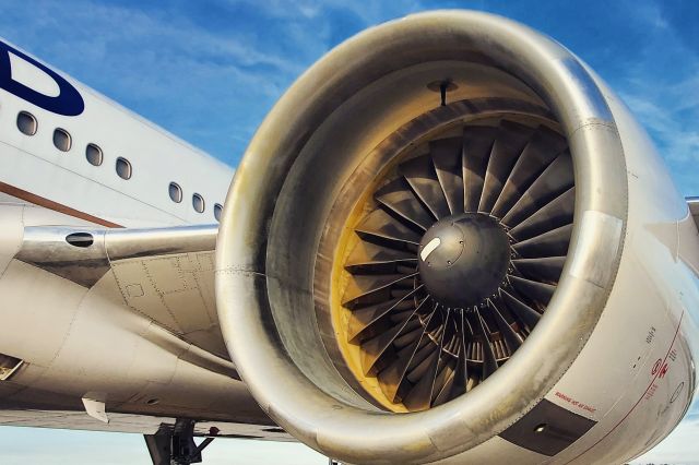 Boeing 777-200 (N792UA) - One of two Pratt & Whitney PW4090 engines powering N792UA, parked at the hardstands at KTPA 