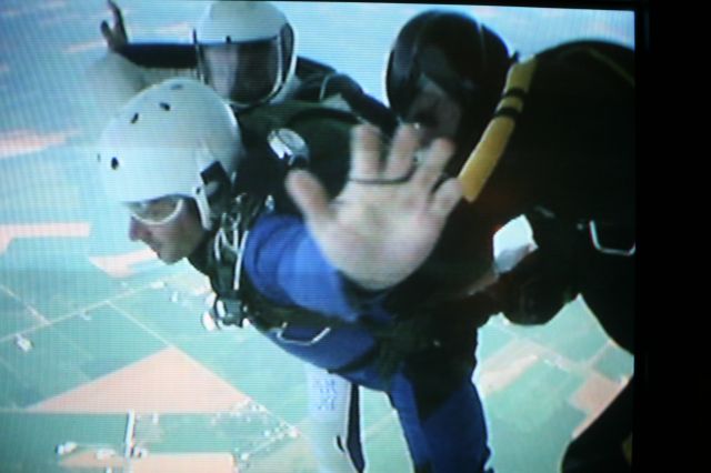 Cessna 152 — - 10,000 feet above Grand Bend I step off the Cessna with my two instructors in tow. Screen grab from the video I purchased shot by Mary Wright