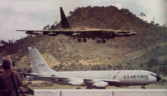 — — - B-52D landing while KC-135 waits to take off from U-Tapao Royal Thai Navy Airfield