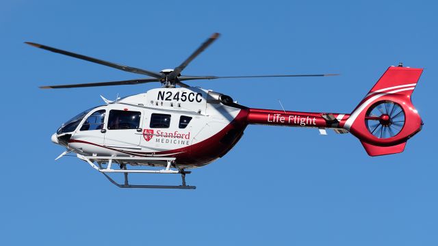 N245CC — - Stanford's brand new 2022 Airbus H145 D3 on it's inaugural approach and landing at Stanford Hospital's East Helipad on January 10, 2025 in Stanford, California. N245CC is set to replace N145SU, a 2002 H145 after 17 years of service.