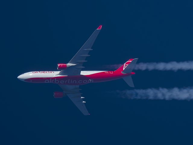 Airbus A330-200 (D-ALPD) - 24-1-15. Air Berlin Airbus A330-200 D-ALPD Passes Overhead West Lancashire,England ,UK at 34,000ft working route Berlin TXL-New York JFK   BER7248.br /br /Pentax K-5.