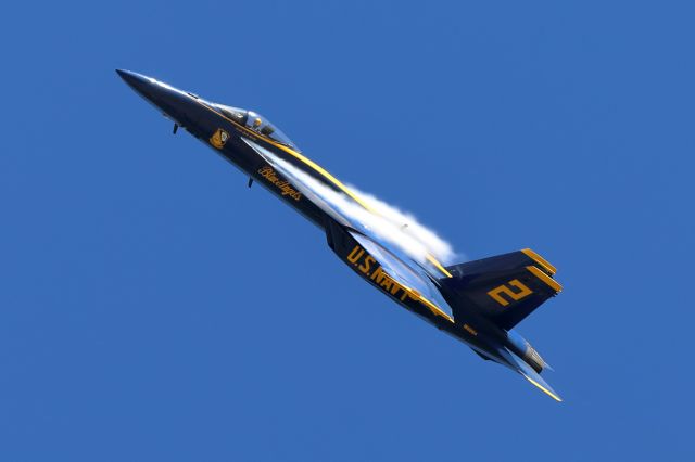 McDonnell Douglas FA-18 Hornet (16-5664) - Blue Angels right wing LCDR Jack Keilty exits the show line at high speed. Thunder Over Solano 2024 - Travis AFB 03/16/24