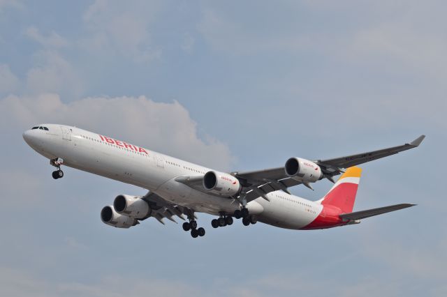 Airbus A340-600 (EC-JFX) - Airbus A340-642 EC-JFX MSN 672 of Iberia named "Jacinto Benavente" on short final to runway 05R at Mexico City International Airport (06/2019).