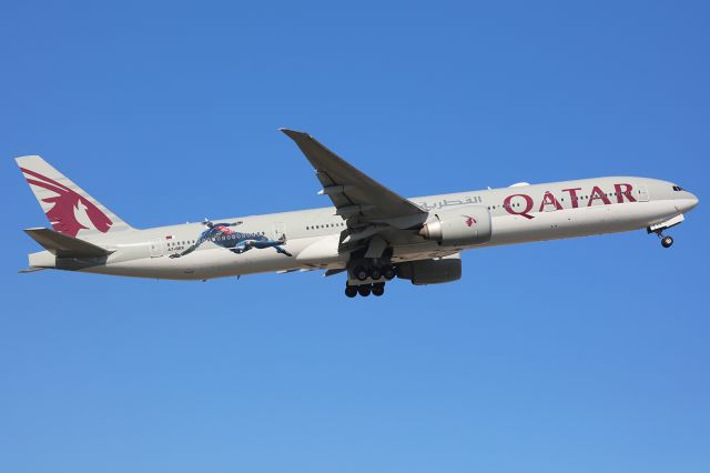 A7-BEK — - Qatar's latest special livery promoting Paris Saint Germain departs Melbourne on a sunny afternoon.