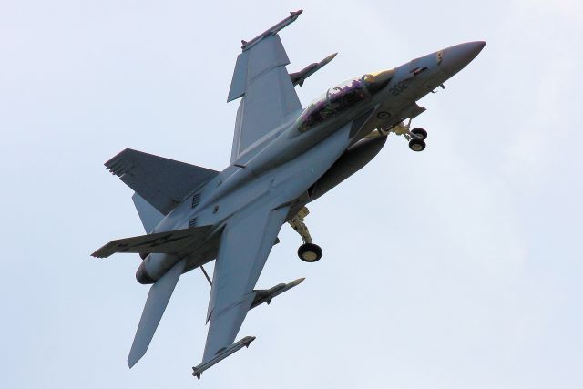 McDonnell Douglas FA-18 Hornet (A44202) - Display by RAAF FA18F at TAVAS air show 21 April 2017 Caboolture Queensland. Overcast day and hi G turns give some good effects