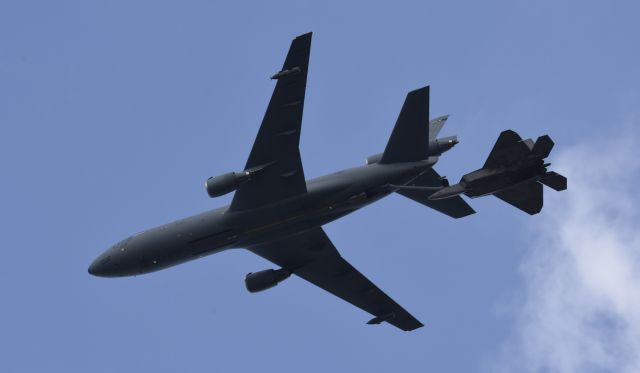 McDonnell Douglas DC-10 (85-0034) - Demo pass with the F-22 in tow, shot at Airventure 2018