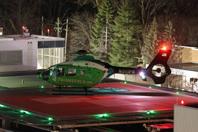 Eurocopter EC-635 (N911PN) - Seeing Promedica Air around Toledo is an everyday occurrence but it was a nice surprise to catch them at the Cleveland Clinic/Fairview Hospital this afternoon. Unfortunately for the crew, the aircraft experienced a mechanical issue and shutdown before liftoff as CLINIC1 circled above. The 5 ½ hr delay gave me the chance to catch the Airbus Helicopter H135 under the lights. They finally lifted off around 6PM tonight, 17 Dec 2021. 