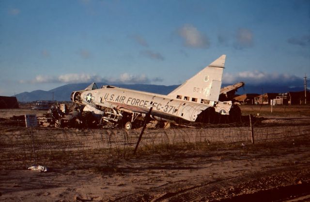 — — - Convair F-102. Damaged in landing accident DanNang AB, Vietnam, listed as un-repairable. Stripped of useful parts and abandoned. Summer 1966.