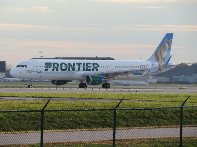 Airbus A321 (N702FR) - Barely a week old, Courtney the Cougar arrives into KCLE on 11/09/2015.