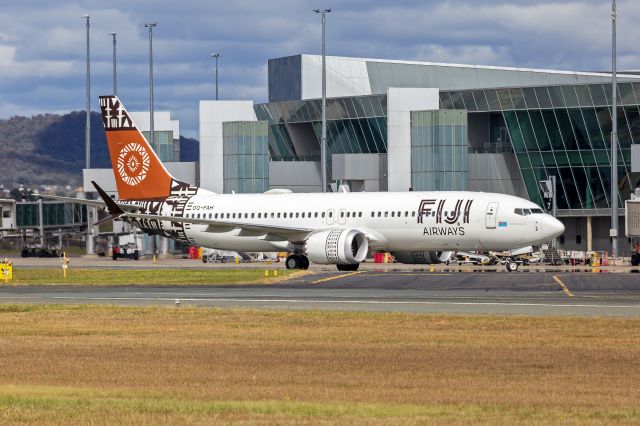 Boeing 737 MAX 8 (DQ-FAH) - Fiji Airways (DQ-FAH) Boeing 737 MAX 8 taxiing at Canberra Airport. Arrived as a charter flight and also for an announcement on Fiji Airway commencing flights from Fiji to Canberra in July. 