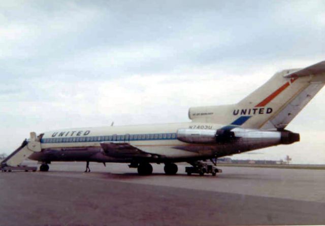 Boeing 727-100 (N7403U) - Scan of a photo taken well over 40 years ago in 1967.  (Sure wish I knew how to salvage all my old snaps from this era.) Snapped on a Kodak Bullseye camera using 620 film (only the old timers will remember the Bullseye) at Greater Buffalo International Airport (now KBUF) when I was 17 years old. This aircraft was less than one year in service when I snapped it at Buffalo.  It has been around quite a bit since this photo: flying for Wien Air Alaska as N490WC, then for Evergreen under the same reg, and finally for UPS as N928UP. In 2005 it was at Roswell, N.M. (KROW), owned by Stewart Industries, still dressed in UPS colors, and being disassembled for parts.