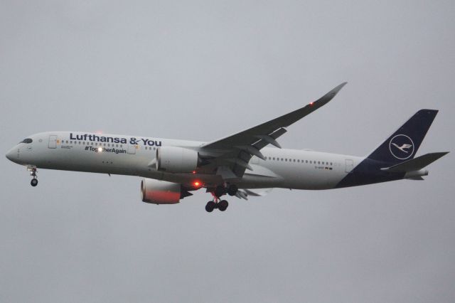 Airbus A350-900 (D-AIXP) - Lufthansa A350-900 in special  "Lufthansa & You" livery arriving to a rainy Logan Airport on 9/9/21. 