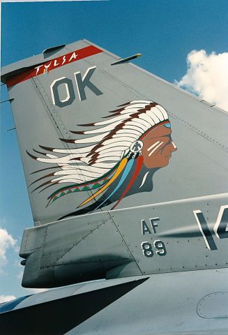 Lockheed F-16 Fighting Falcon (89-2141) - Color markings on the tail of a 138th Fighter Wing F-16C. The color Indian Head moffit is worn by 4 F-16s at the Air Power Air Shown at KOKC.