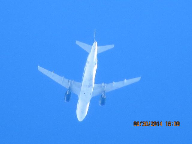 Airbus A319 (N908FR) - Frontier Airlines flight 226 from DEN to Branson Mo over Baxter Springs KS (78KS) at 21k feet.