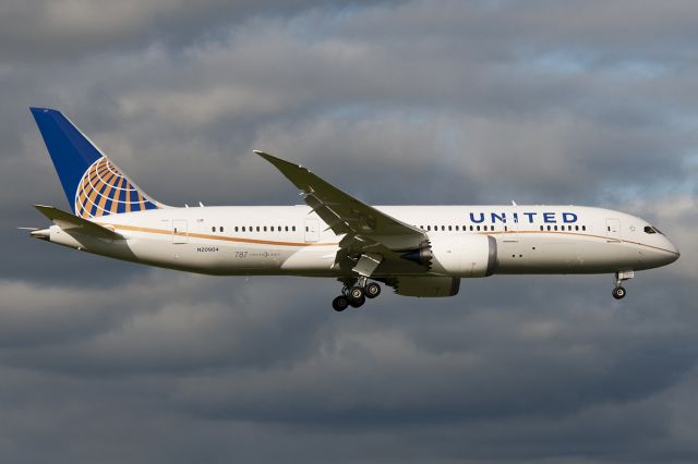 Boeing 787-8 (N20904) - In anticipation of the first commercial flight, a "testflight" and pilot handling was planned this day with the first visit of United's B787-8 "Dreamliner". From Houston on final rwy 06 as UAL7708.