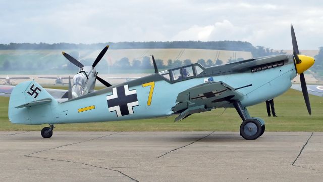 MESSERSCHMITT Bf-109 (G-AWHM) - Hispano Aviacion HA-1112-M1L. Photo taken on July 13, 2019 at Duxford Flying Legends airshow.