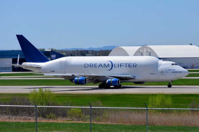 Boeing 747-400 (N718BA) - Landing for Service at Griffiss International Airport, Sunday May 11, 2014, just before noon.