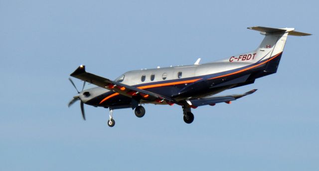 Pilatus PC-12 (C-FBDT) - On final is this 2018 Pilatus PC-12NG in the Autumn of 2021.  CYUL-KPBG-KPNE