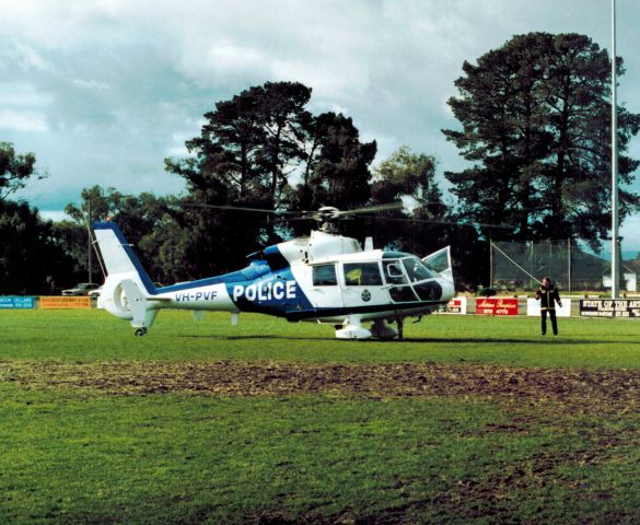 VH-PVF — - About 1989, Victoria Polices first helicopter was doing training runs off a football oval in Mitcham (metro Melbourne) with MFB crew; presumably familiarizing them with the new machine. 