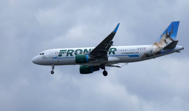 Airbus A320 (N233FR) - On final is this 2016 Frontier Airlines Airbus A320-214 in the Summer of 2019 with Buck the Pronghorn on the Tail.