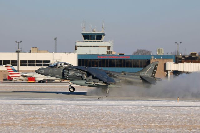 Boeing Harrier (16-3881) - Kicking up snow during the Vertical/Short Takeoff from RWY 25 on 18 Jan 2018.