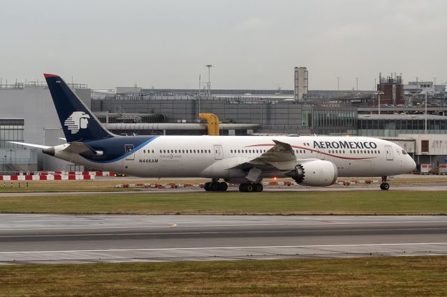 Boeing 787-9 Dreamliner (N446AM) - 5th September, 2024: Aero Mexico flight AM 007 from Benito Juarez International Airport in Mexico City taxiing to the gate after landing on runway 09L at Heathrow. 
